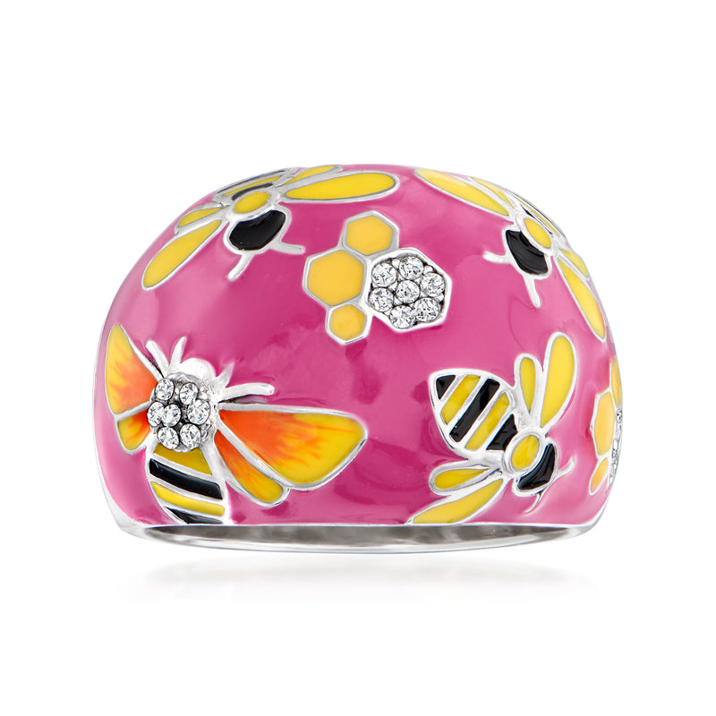 Sterling silver bumblebee ring with pink enamel and multicolor wing motifs, clear stones