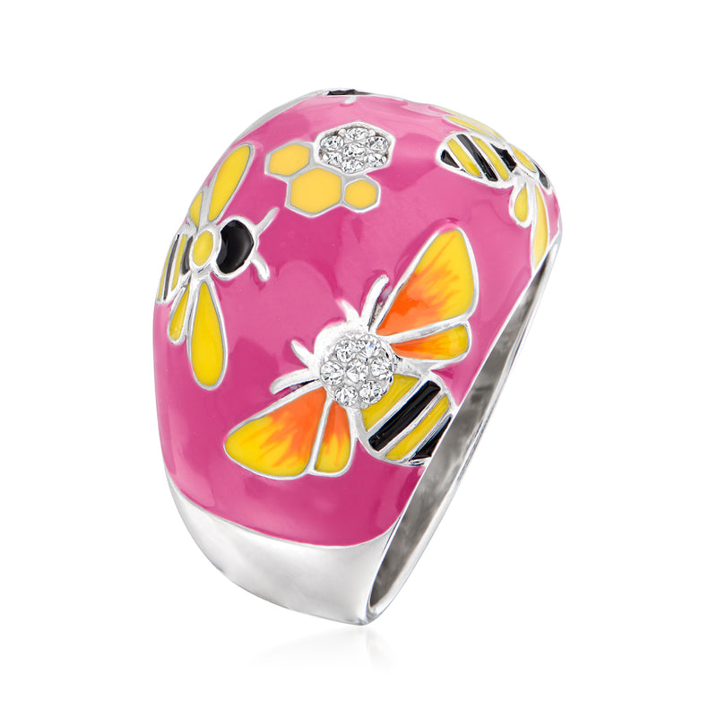 Sterling silver bumblebee ring with pink enamel dome, multicolor bee and wing motifs, stones