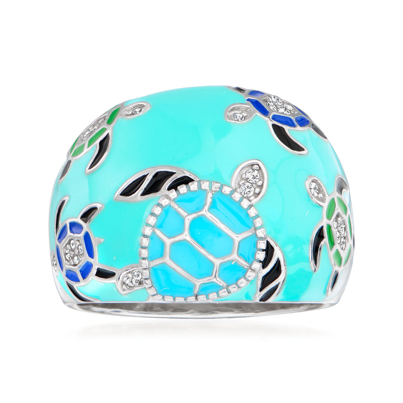 Sterling silver turtle ring with turquoise enamel shell, multicolored accents, and white stones