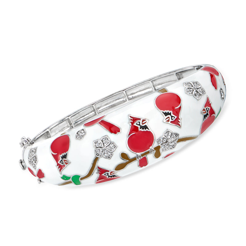 Sterling silver bangle bracelet with white enamel, red cardinals, and small clear stones
