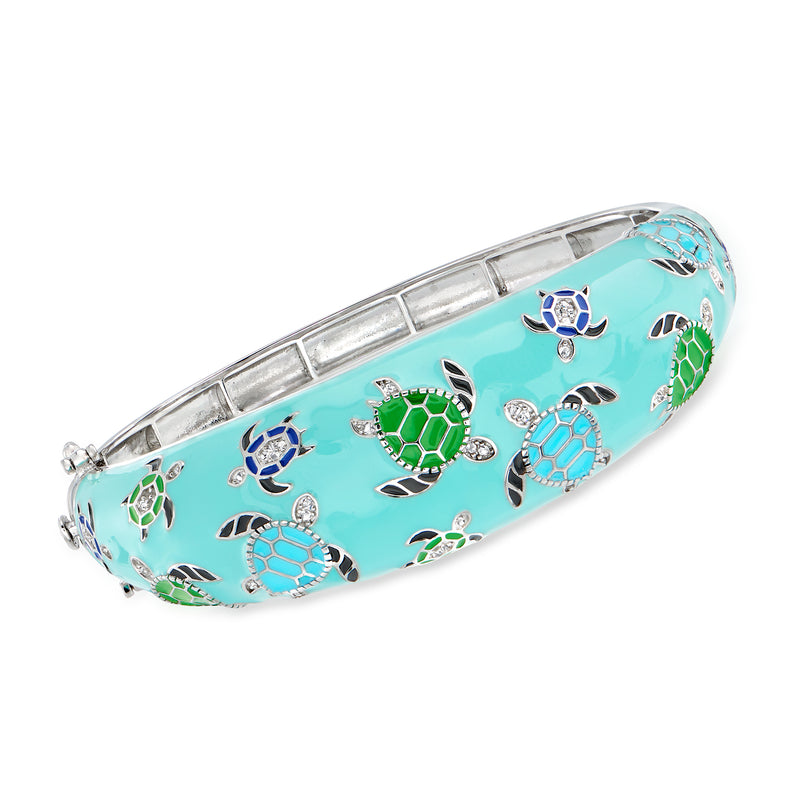 Sterling silver bangle bracelet with turquoise enamel turtles and multicolor accents