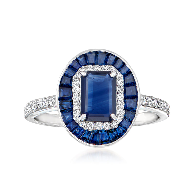 14kt white gold sapphire and diamond halo ring with blue center stone