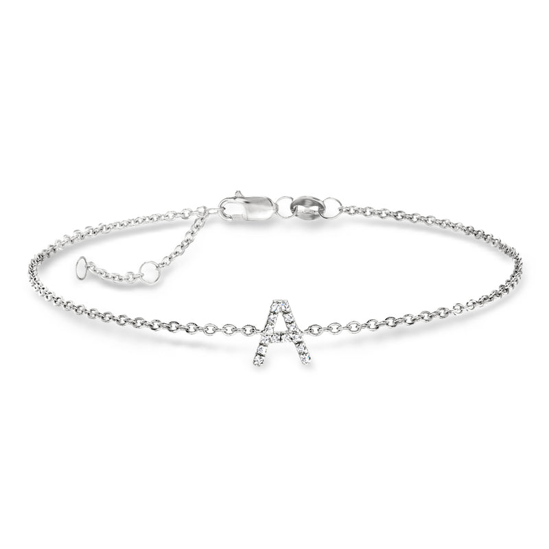 14kt white gold diamond initial bracelet with A-style charm and lobster clasp