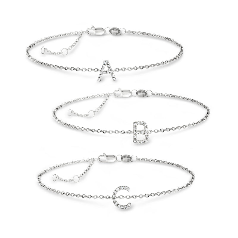 Sterling silver diamond initial bracelet set with A, B, and C charms
