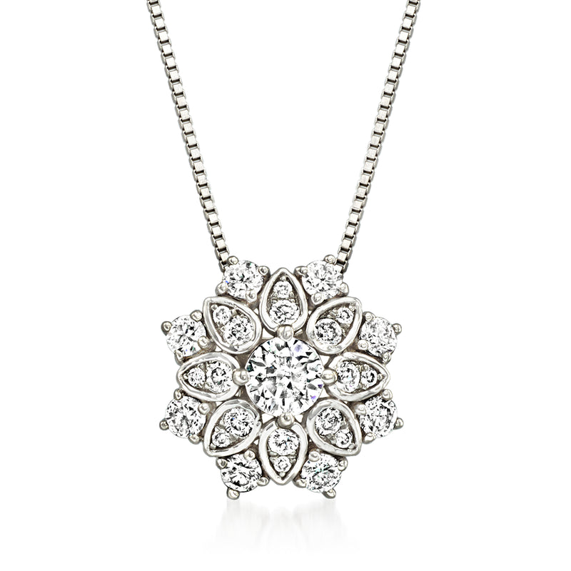 14k white gold diamond floral pendant necklace with round center stone