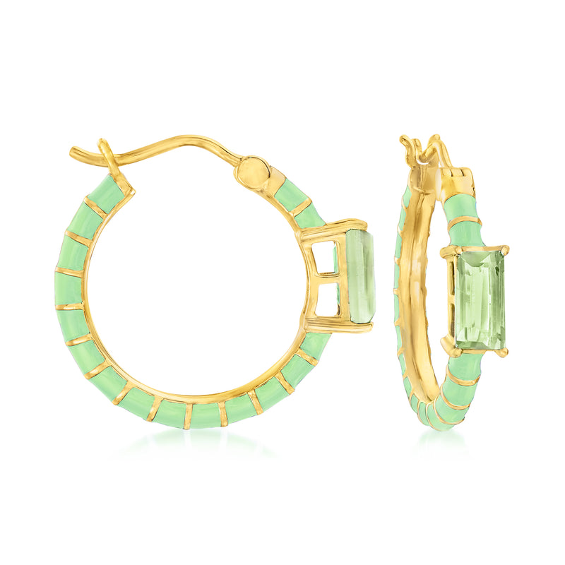 Gold hoop earrings with rectangular green gemstone and green enamel accents