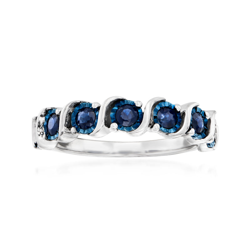 Sterling silver sapphire ring with five blue oval gemstones in a scalloped setting
