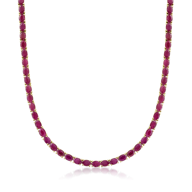 Ruby necklace with oval deep pink stones and gold over sterling chain