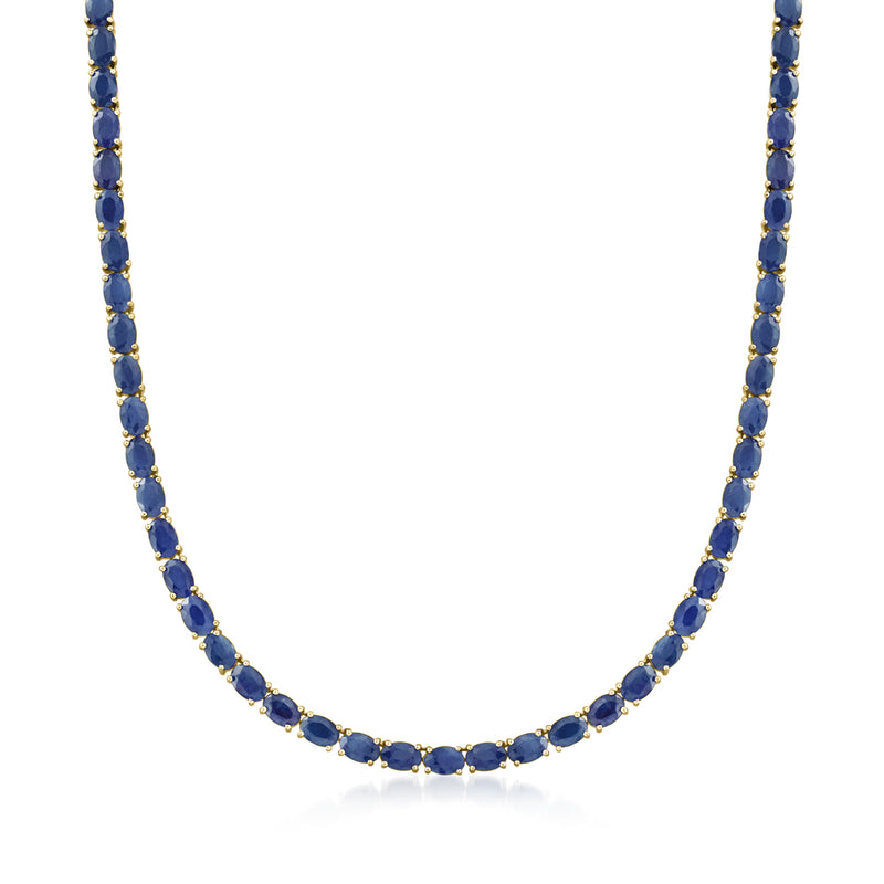 Blue sapphire tennis necklace in 18kt gold over sterling, prong-set stones