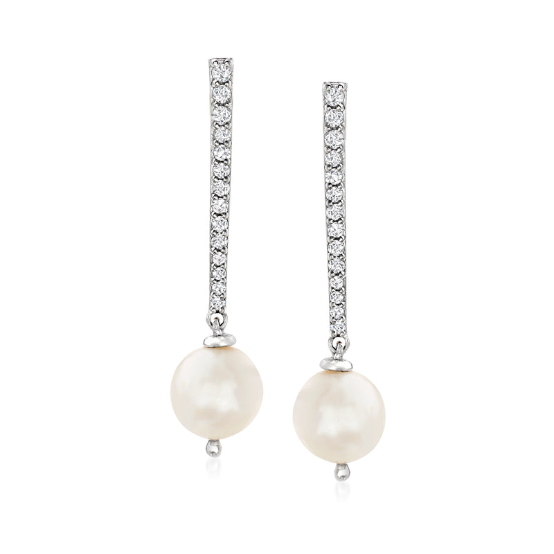 Sterling silver drop earrings with white cultured pearl and crystal-lined bar