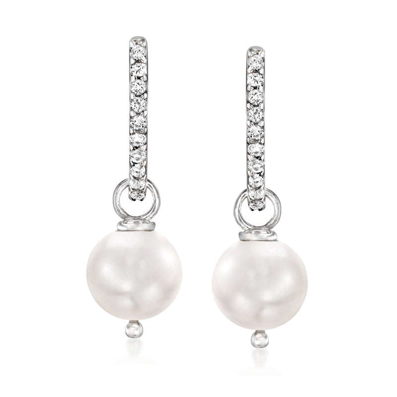 Pearl and white topaz drop earrings in sterling silver with round pearl drops