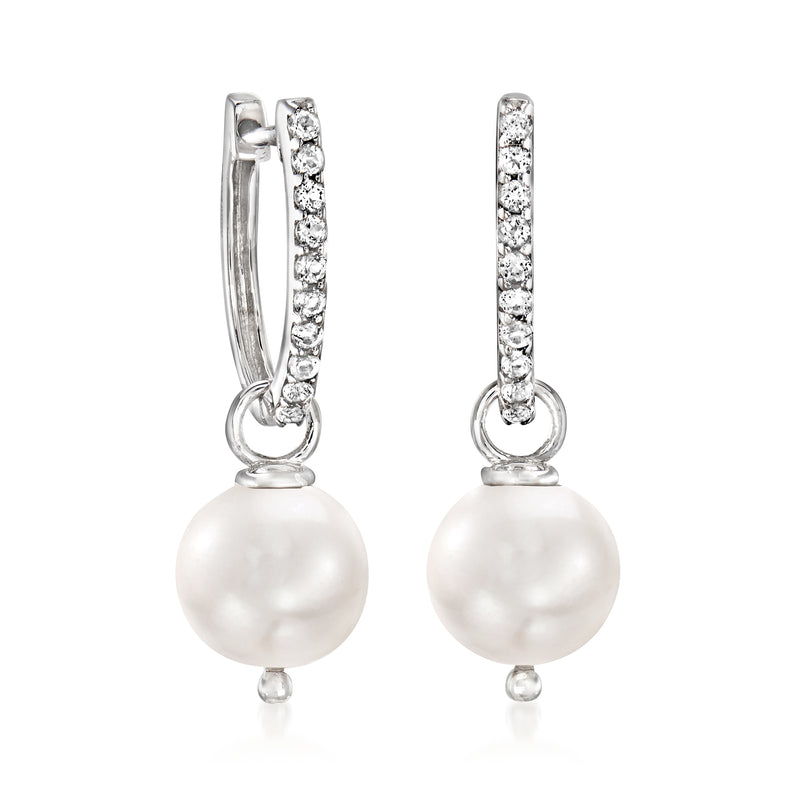 Sterling silver hoop drop earrings with white topaz and cultured pearl drops