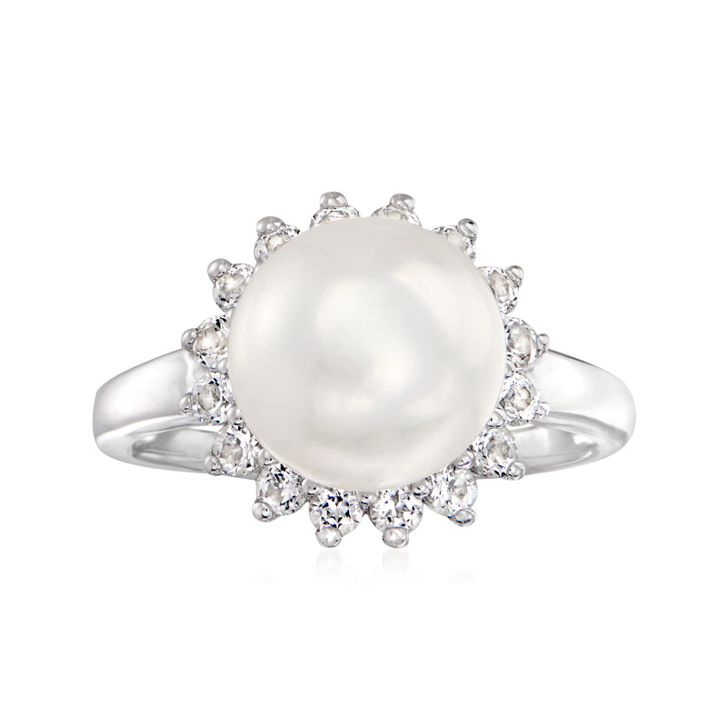 Sterling silver ring with round cultured pearl and halo of white topaz gemstones