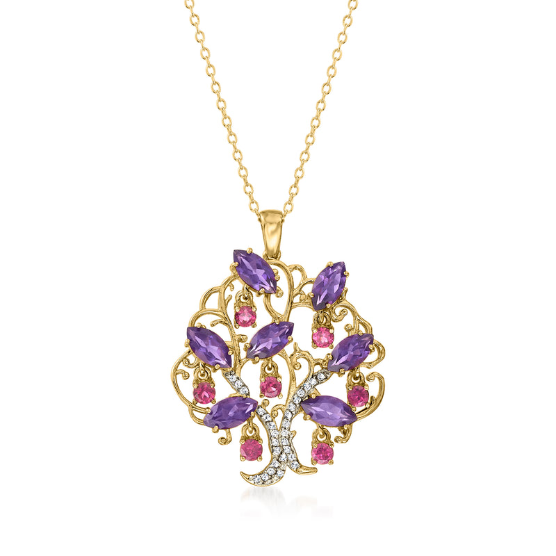 Tree of Life pendant necklace in gold tone with purple and pink gemstone accents