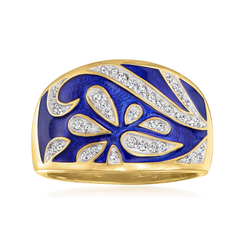 Blue enamel floral diamond ring in gold-tone setting