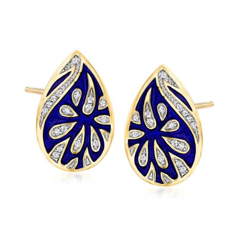 Blue enamel teardrop floral drop earrings with gold-tone border and clear stone accents