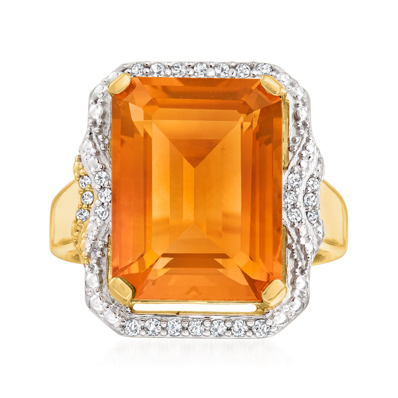 Cushion-cut citrine ring with diamond halo, gold band and split shoulders