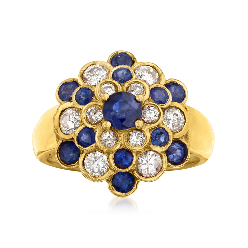 Vintage 18kt yellow gold sapphire and diamond cluster ring with round blue stones