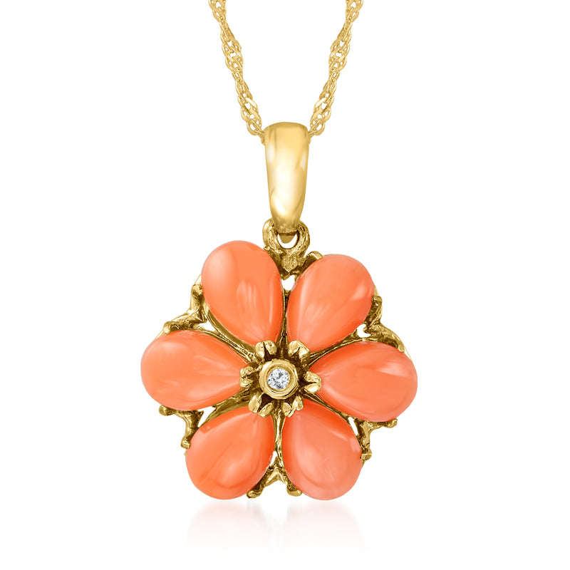 14kt yellow gold coral flower pendant necklace with diamond center and coral petal design