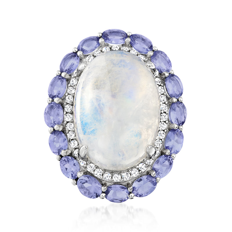 Sterling silver moonstone ring with oval moonstone and blue tanzanite halo