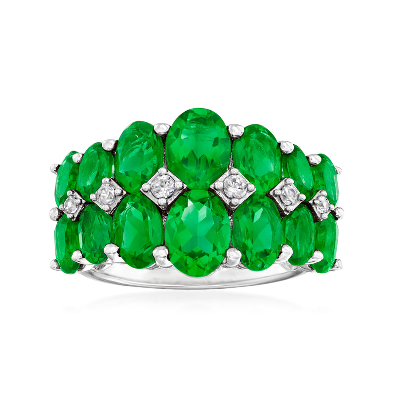 Chrome diopside ring with oval green stones, white zircon accents, sterling silver band