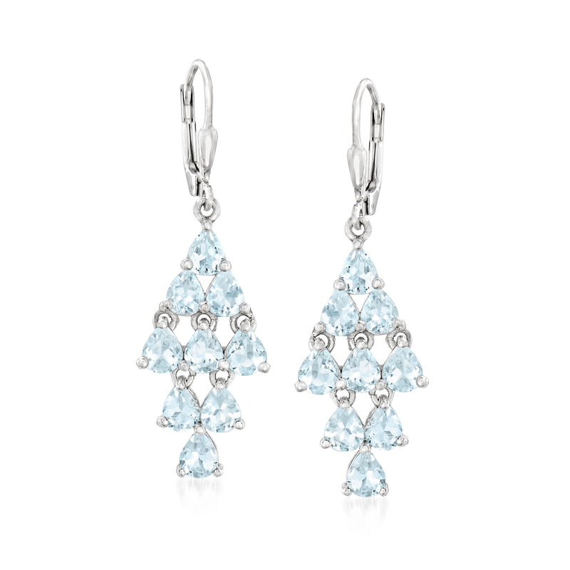 Sterling silver chandelier earrings with light blue aquamarine-style stones, leverback