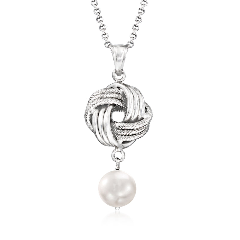 Sterling silver love-knot pendant necklace with round cultured pearl drop