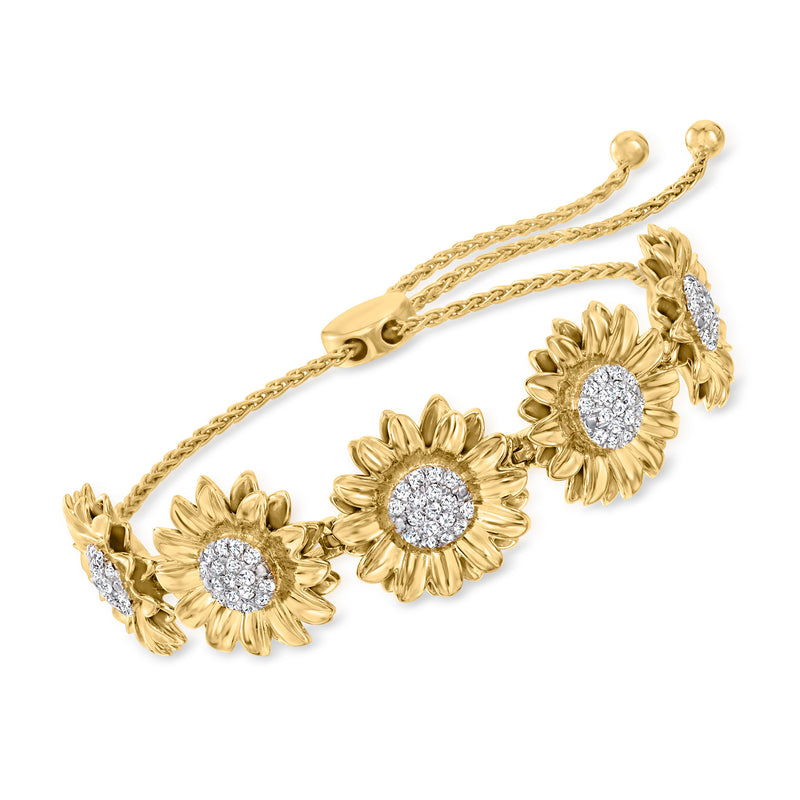 Gold over sterling bolo bracelet with sunflower charms and round diamond accents