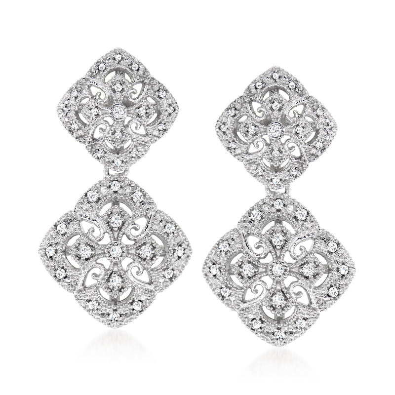 Sterling silver diamond filigree drop earrings, square floral pair