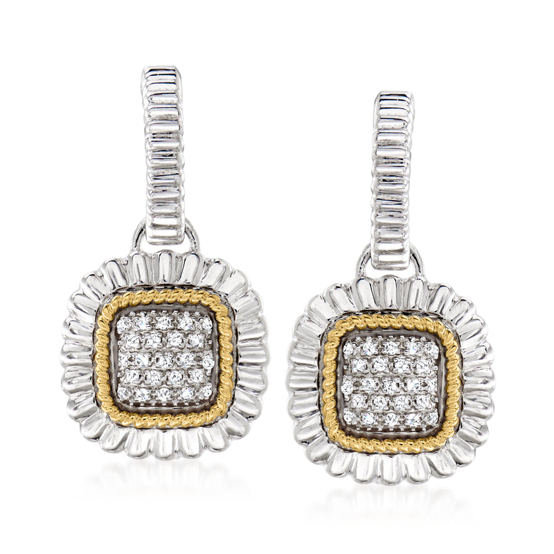 Sterling silver drop earrings with square diamond cluster, yellow-gold border, rope-edge frame