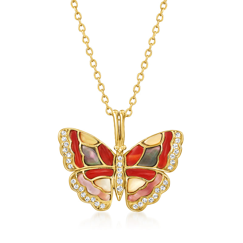Gold butterfly pendant necklace with red and green mosaic and clear CZ-like stones