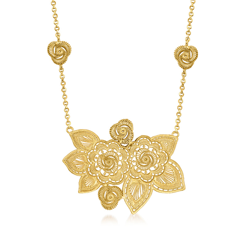 Gold-tone flower necklace with ornate scalloped pendant and linked chain, 18kt over sterling