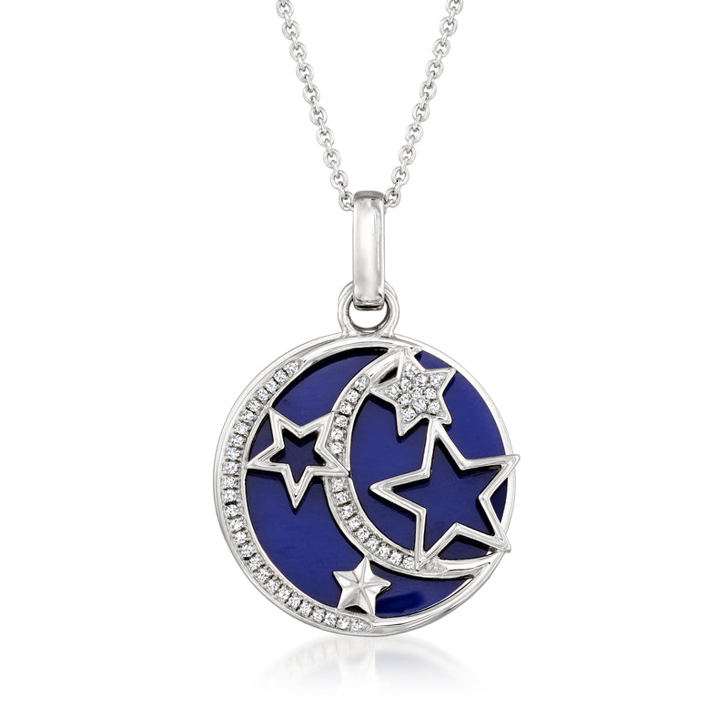 Sterling silver celestial pendant necklace with blue enamel moon and star charm