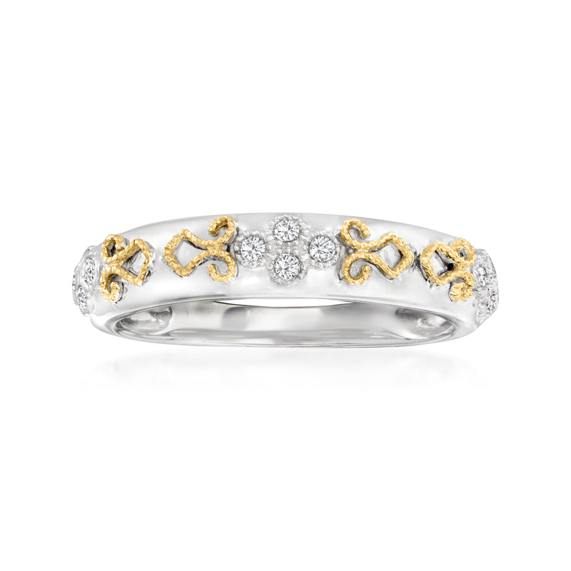 Sterling silver diamond ring with round stones and yellow gold twisted heart-like accents