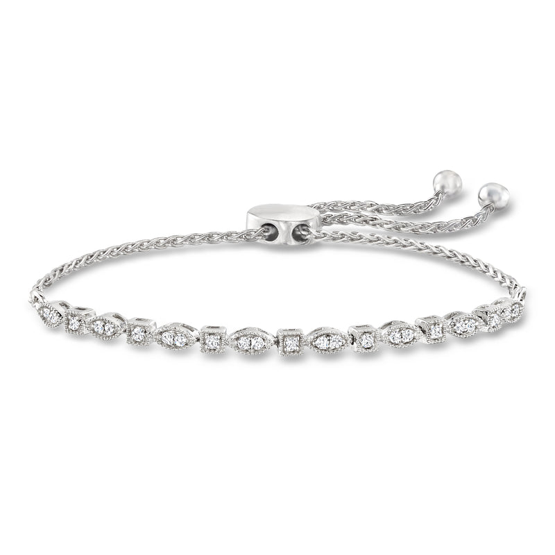 Sterling silver bolo bracelet with square and marquise diamond-style accents