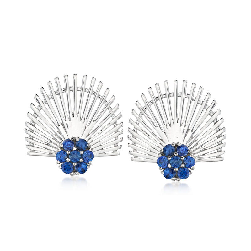 Sterling silver sapphire shell stud earrings with blue gemstone cluster and fan-like backing
