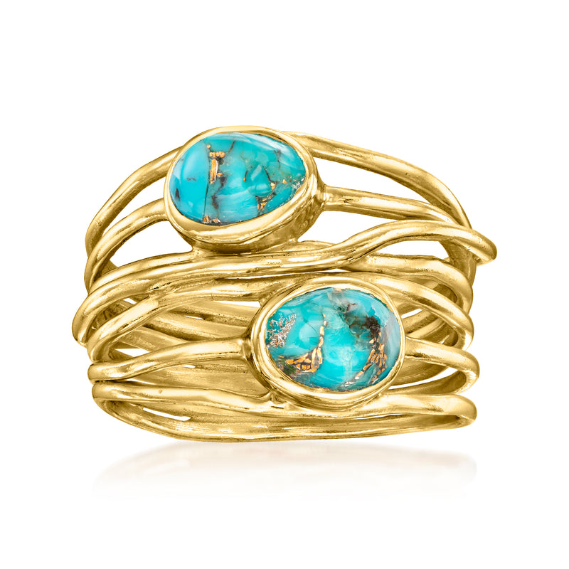 Gold over sterling ring with two turquoise oval cabochons and twisted band