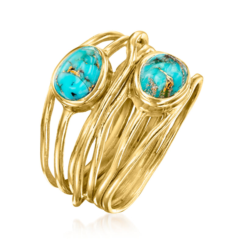 Gold over sterling ring with three turquoise oval cabochons and draped twisted band