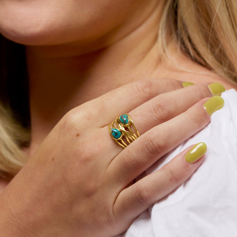 Gold over sterling ring with turquoise oval stones and twisted spiral band