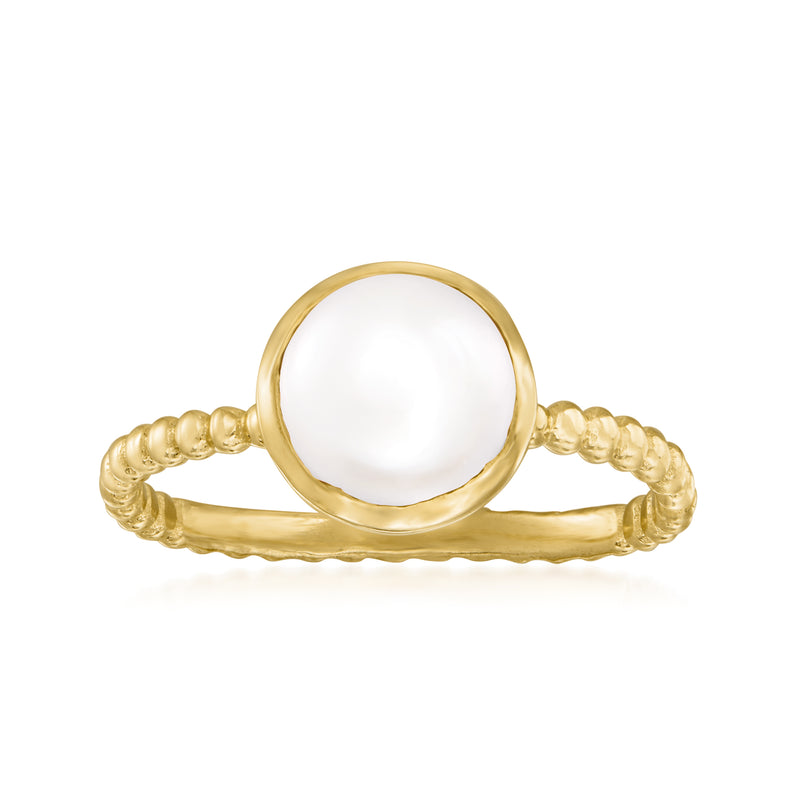 Gold over sterling ring with 8mm round cultured pearl and roped band details