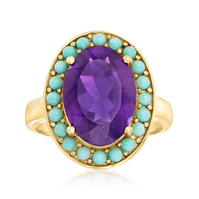 Amethyst halo ring with oval purple gemstone and turquoise bead border, gold-tone setting