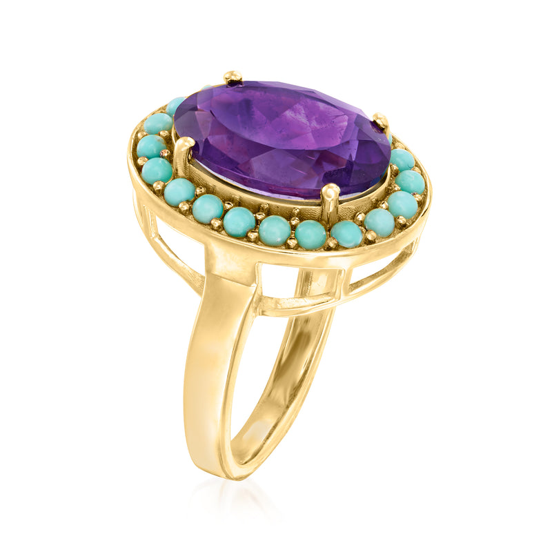 Oval purple amethyst ring with turquoise halo stones on gold-tone band, side view
