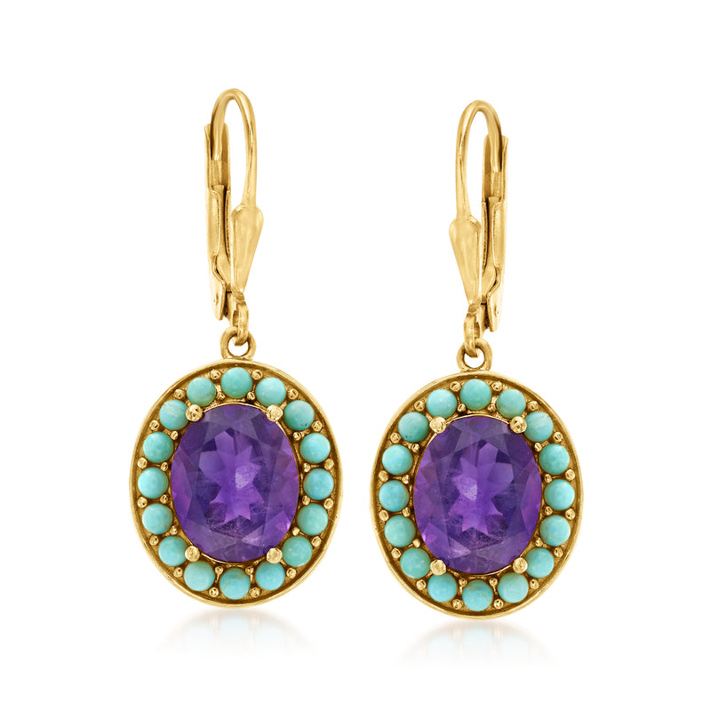 Gold drop earrings with oval amethyst center and turquoise beaded halo, leverback