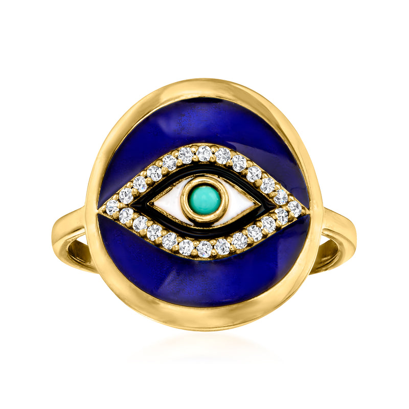 Gold-tone evil eye ring with blue enamel, turquoise center, and white stone border