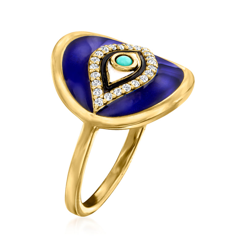 Gold-over-sterling evil eye ring with blue enamel, white topaz, and turquoise