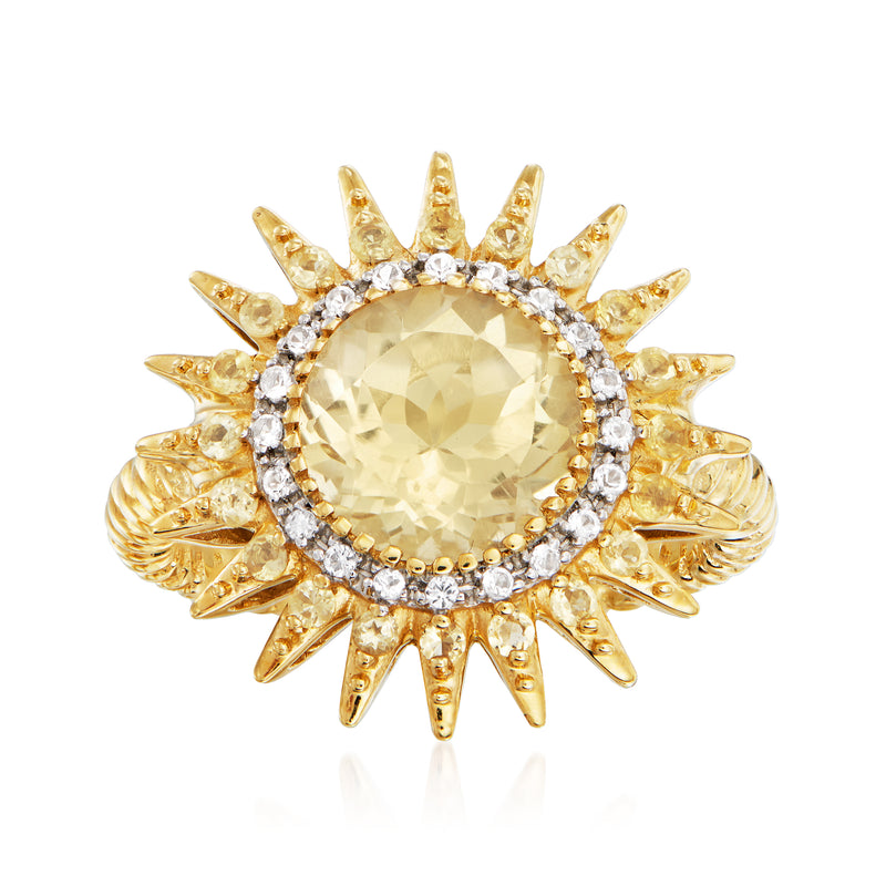 18kt gold over sterling sun ring with citrine center and diamond halo