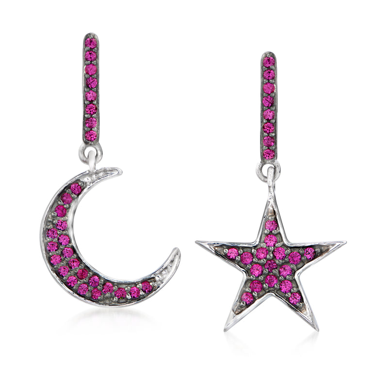 Sterling silver drop earrings with pink gemstone crescent moon and star charms