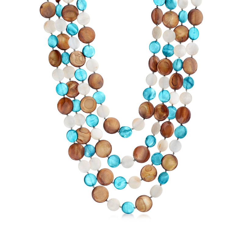 Multistrand mother-of-pearl necklace with brown, white and turquoise beads, sterling silver links