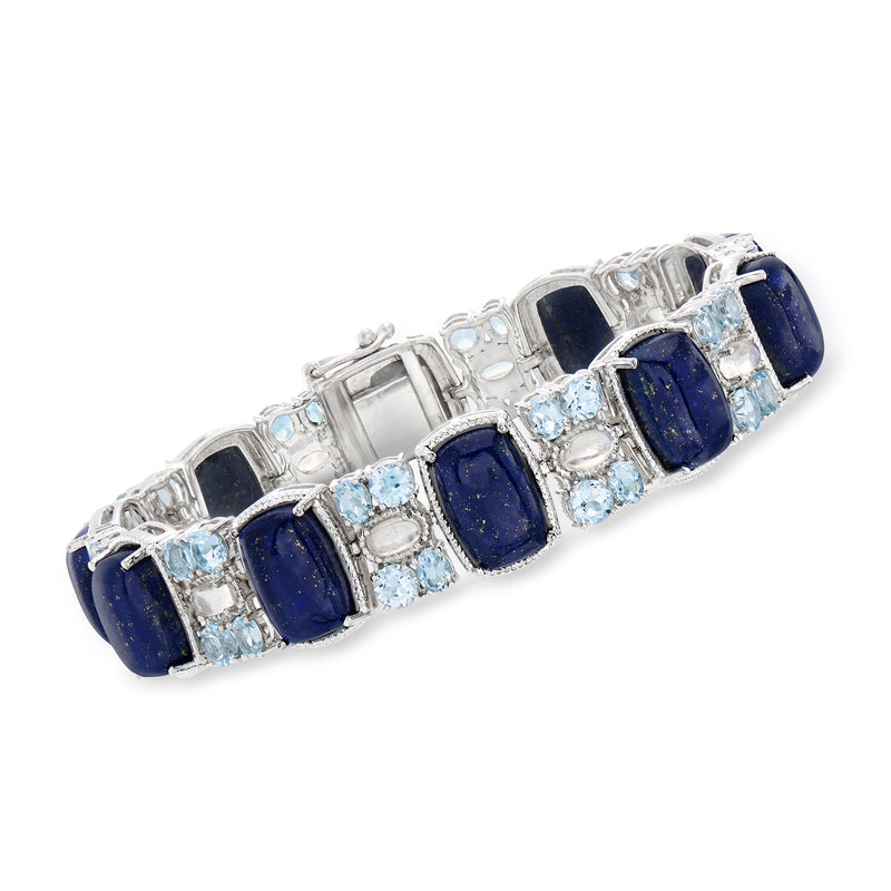 Sterling silver gemstone bracelet with dark lapis and light blue topaz, rectangular links