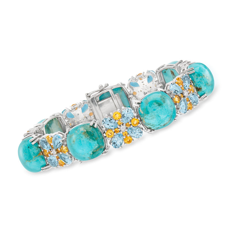 Sterling silver multi-gem bracelet with oval turquoise stones and small golden accents
